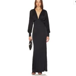 NBD Solange Gown Black Long Sleeve satin dress maxi Revolve NWT XS
